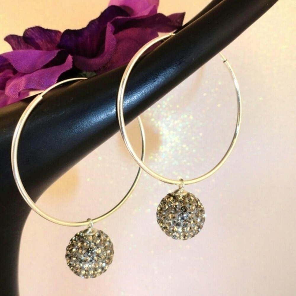 Sterling Silver Black Diamond Hoop Earrings - Picture 2 of 2